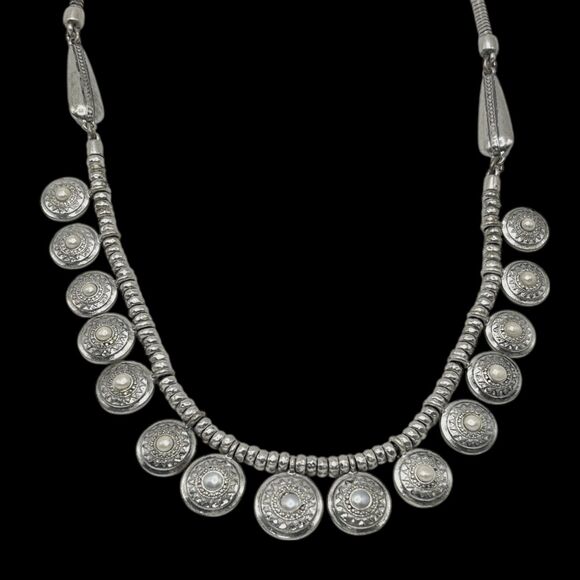 Lucky Brand Necklace Silver Tone Faux Pearl Cabochon Charms Dangle Reversible - Picture 10 of 11